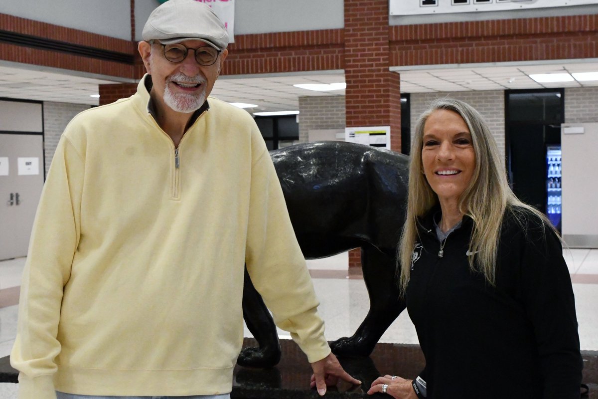 As Lisa Drabing starts her last month before retirement, she got a visit from former principal Larry Cooper. The two are the only principals in <a href="/HumbleISD_KPHS/">Kingwood Park HS</a>'s 14-year history. A google link (bit.ly/2RbcpFM) is available to send messages/photos/memories to Drabing.