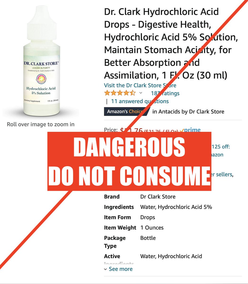 #4 Drinking acid.More quackery. Hydrochloric acid will burn your skin & mouth, is harmful if inhaled, and is literally a hazmat.Also, it may dissolve your teeth.Pic 4: the hazmat sheet from a chemical supplier for 5% Again an Amazon's Choice..