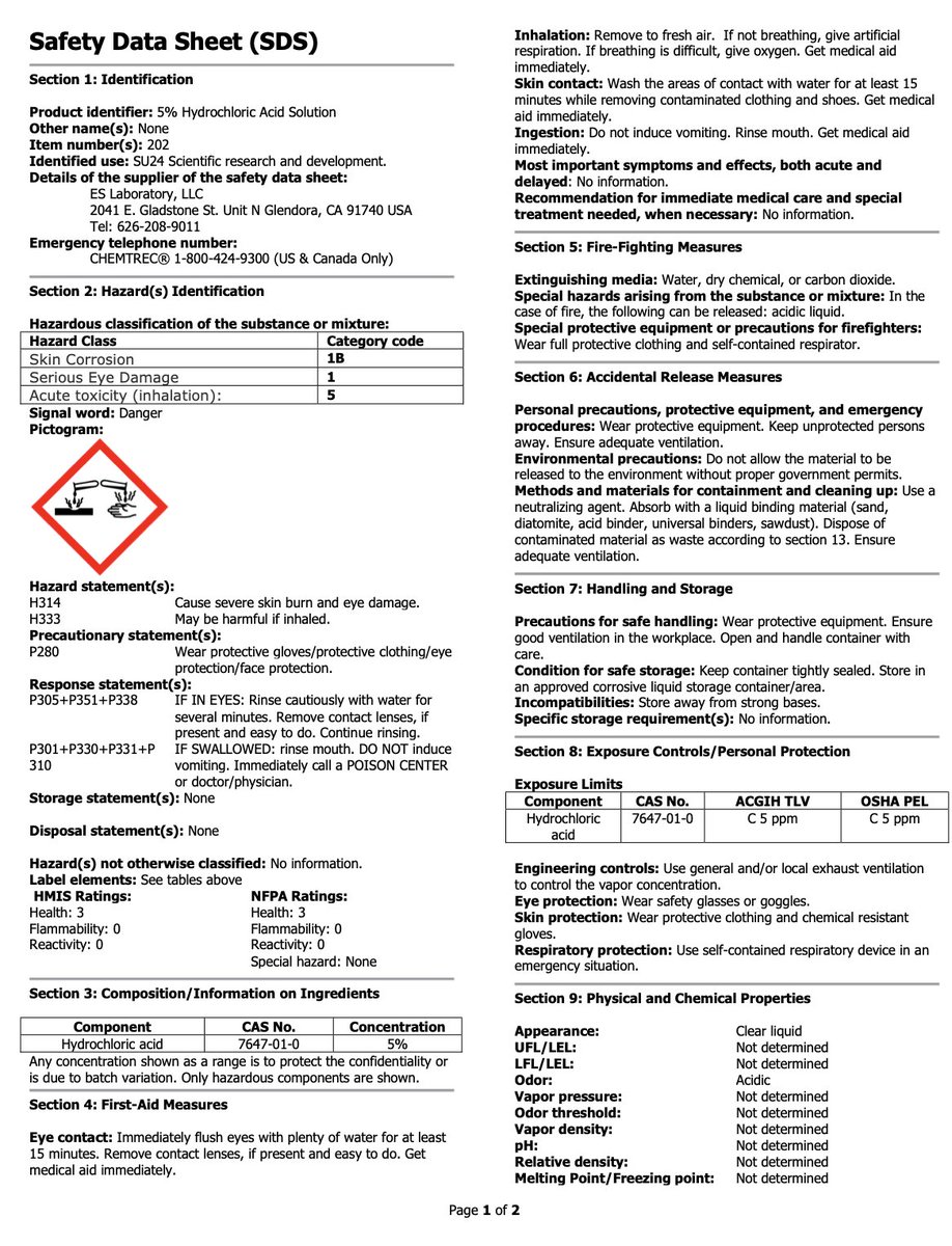 #4 Drinking acid.More quackery. Hydrochloric acid will burn your skin & mouth, is harmful if inhaled, and is literally a hazmat.Also, it may dissolve your teeth.Pic 4: the hazmat sheet from a chemical supplier for 5% Again an Amazon's Choice..