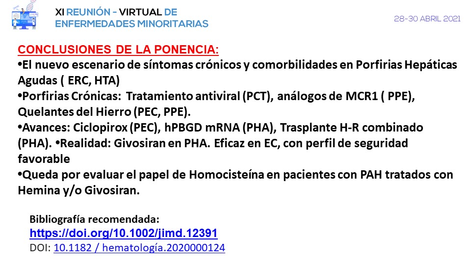 El Dr. José Salvador García Morillo del H. Virgen del Rocío (Sevilla) nos ha puesto al día en PORFIRIAS contándonos las últimas novedades en el tratamiento de estas enfermedades. #EnfermedadesMinoritarias #SEMITuit