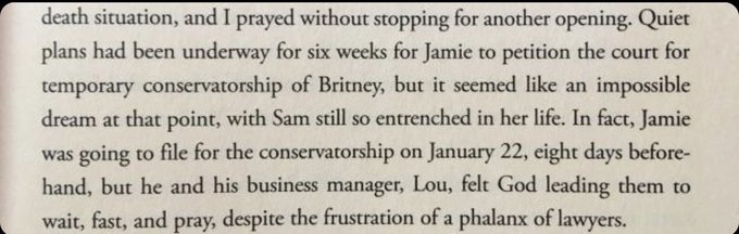 In fact, Britney wasn't "about to die" when the conservatorship was put into place. Her mom's autobiography says it was being planned for 6 weeks. Lawyers spent more than 72 hours on the case before it was even filed. They "worked with the LAPD for weeks."  #FreeBritney