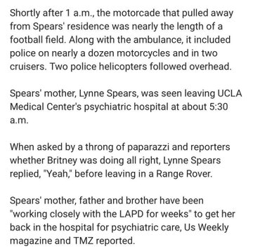In fact, Britney wasn't "about to die" when the conservatorship was put into place. Her mom's autobiography says it was being planned for 6 weeks. Lawyers spent more than 72 hours on the case before it was even filed. They "worked with the LAPD for weeks."  #FreeBritney