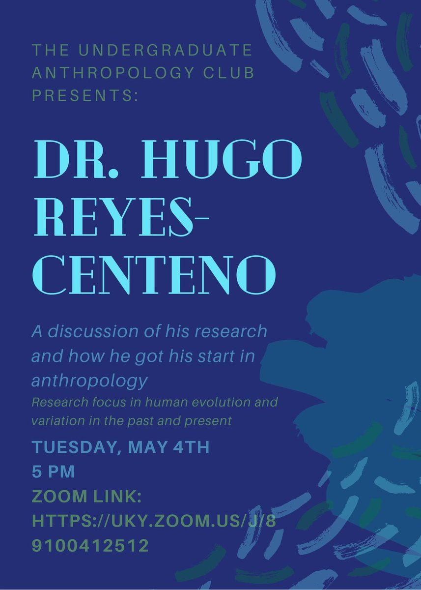 We are excited to be hosting Dr. Hugo Reyes-Centeno for a talk about his journey in anthropology next Tuesday. The discussion will be geared towards the biological and evolutionary sides of anthropology! Hope to see you there! Zoom link: uky.zoom.us/j/89100412512