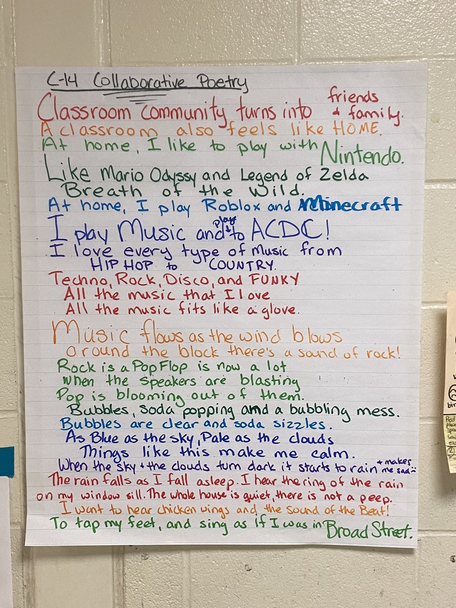 Gotta shout out one of my peeps and neighbor from across the hall Ms Santalucia. Her class came up with a collaborative poem. Each kid came up with two lines. Such an awesome community building activity.