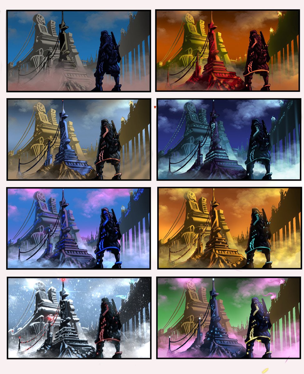 JoeCrowArt's tweet photo. Color comps for the refined sketch. Which one do y’all think I should go with? 
.
.
.
.
#artistsontwitter #conceptart #conceptartist #digitalart #colorcomp #WIP #art https://t.co/pkE6dpUqPI