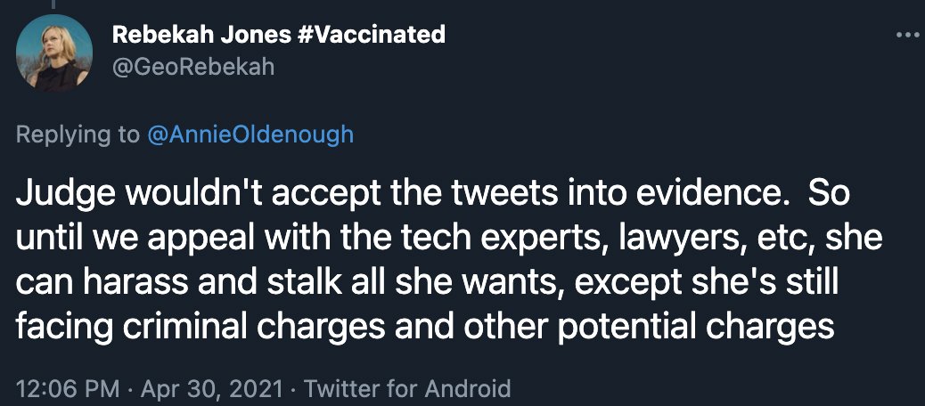 Jones is insisting that she lost because the judge would not accept tweets into evidence.The judge did accept tweets into evidence. Jones didn't present a single tweet that demonstrated harassment or stalking.Because writing about a public figure isn't harassment or stalking.
