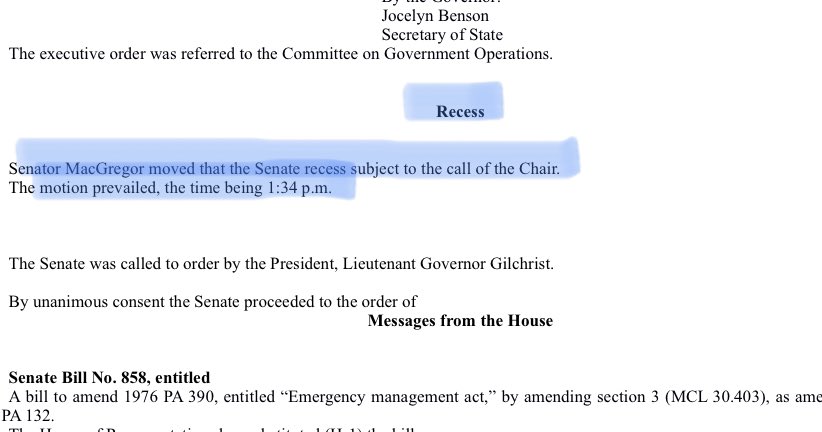 At 1:34 pm ET a year ago, the senate recessed “call of the chair.” We went about our business grabbing lunch, checking emails, touching base w/staff working remotely, reading legislation, & viewing the “Unlock Michigan” rally on the Capitol lawn.  http://bit.ly/3gMml3c 