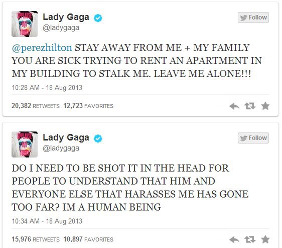 Lady Gaga once responded when a fan said they saw Perez Hilton at her apartment. She took the threat extremely seriously and said "do i need to be shot in the head for people to understand that he and everyone else that harasses me has gone too far?"  #FreeBritney