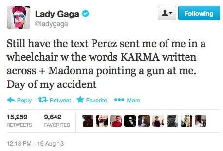 Lady Gaga once responded when a fan said they saw Perez Hilton at her apartment. She took the threat extremely seriously and said "do i need to be shot in the head for people to understand that he and everyone else that harasses me has gone too far?"  #FreeBritney