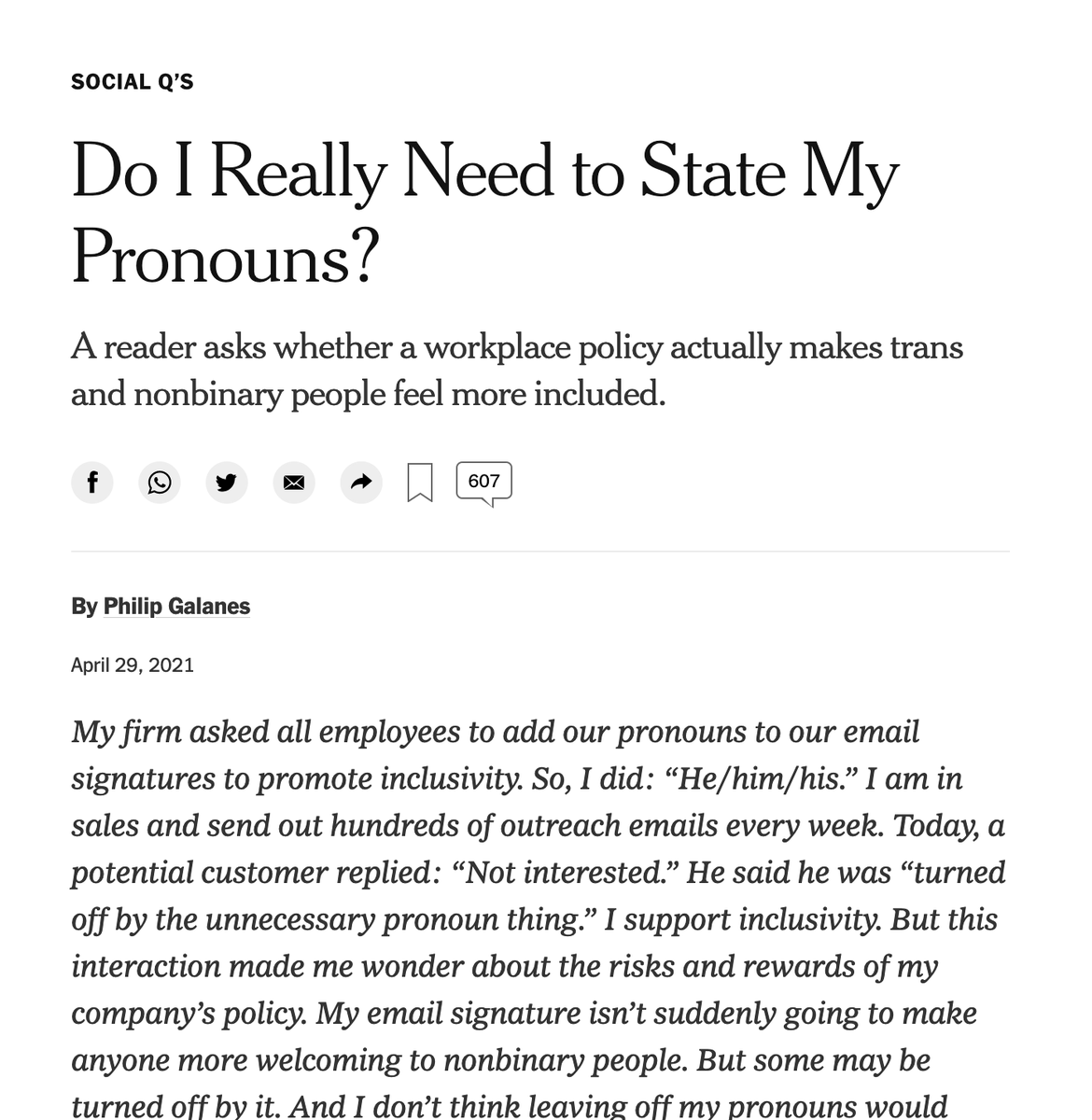 "This [pronoun] policy is problematic: It pressures people to either out themselves before they're comfortable or lie."That's actually the pressure trans/nonbinary people who "aren't ready to come out" already face with literally every single gendered interaction.1/