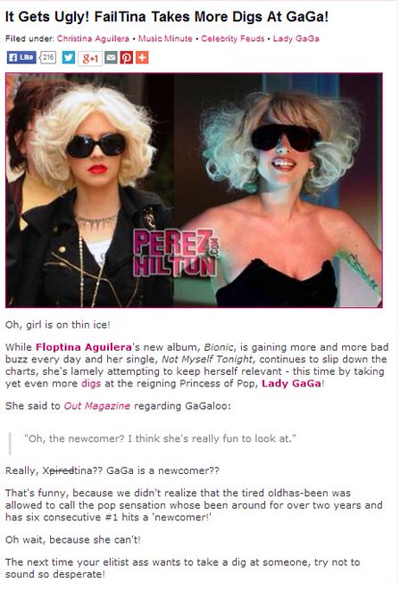 Perez was one of the largest critics during Christina Aguilera's Bionic era. He loved to make fun of her weight, call her "FlopTina" and "FailTina" and tried to create a feud between her and Lady Gaga.  #FreeBritney