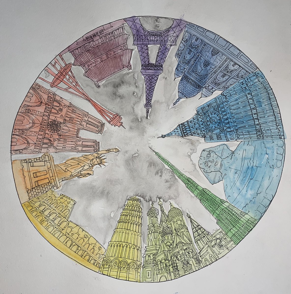 dcs_visual_art's tweet photo. Illustration and Advanced Drawing & Painting Students demonstrated their knowledge of color theory and their exploration of architecture through these amazing color wheel cityscapes! Peep the Dexter one!! 😉❤️💙💛 #art #architecture #colorwheel #perspective #wormseye #cityscape https://t.co/xJehxMt4Cu