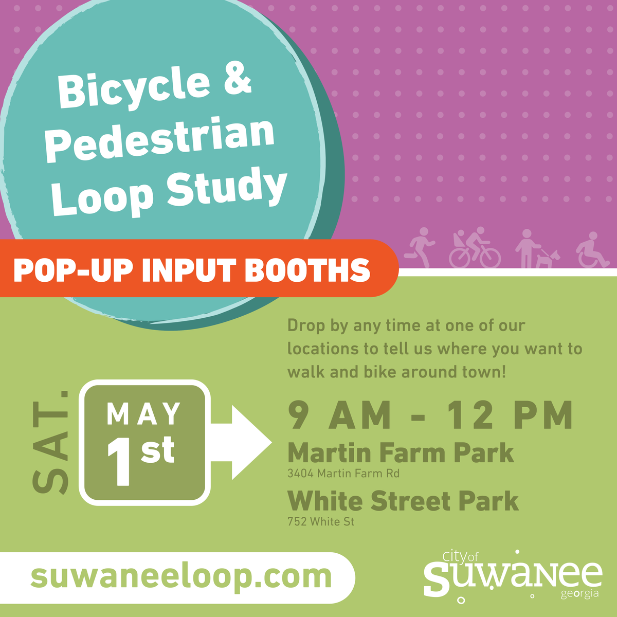 CityofSuwanee's tweet photo. See you tomorrow morning at the Bicycle &amp; Pedestrian Loop Study Pop-Up Booth! Drop by and  tell us where you want to walk and bike around town.

Saturday, May 1, 2021
9 am - 12 pm
Martin Farm Park and White Street Park https://t.co/LZZwr4zfKg