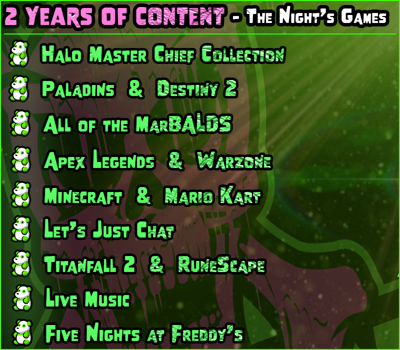 realPOISONkill's tweet photo. Here is the list of what to expect in tonight's 2 years of content celebration streamathon! https://t.co/fTYLLcQXy5