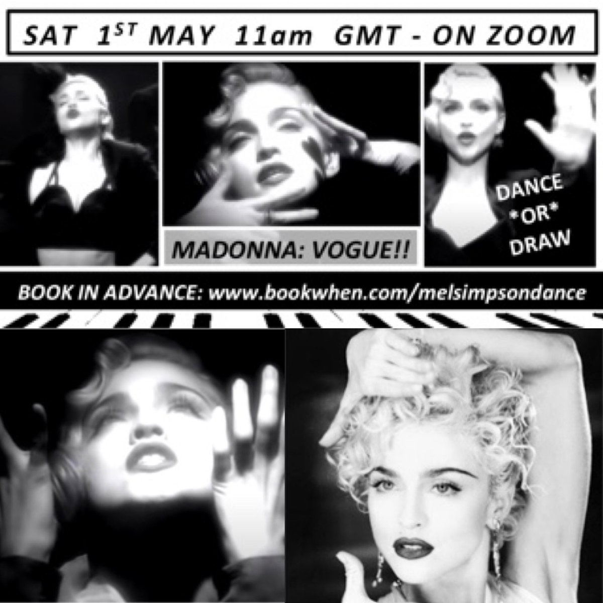 TOMORROW: Learn the iconic VOGUE Dance Choreography- 
Or Draw me - capture my gestures, my expressions, my movement and zest!! #vogue #VogueChallenge #madonna #madge #artonline #danceonline #gesturalpainting #movementcapture #lifedrawing #danceordraw 
bookwhen.com/melsimpsondance