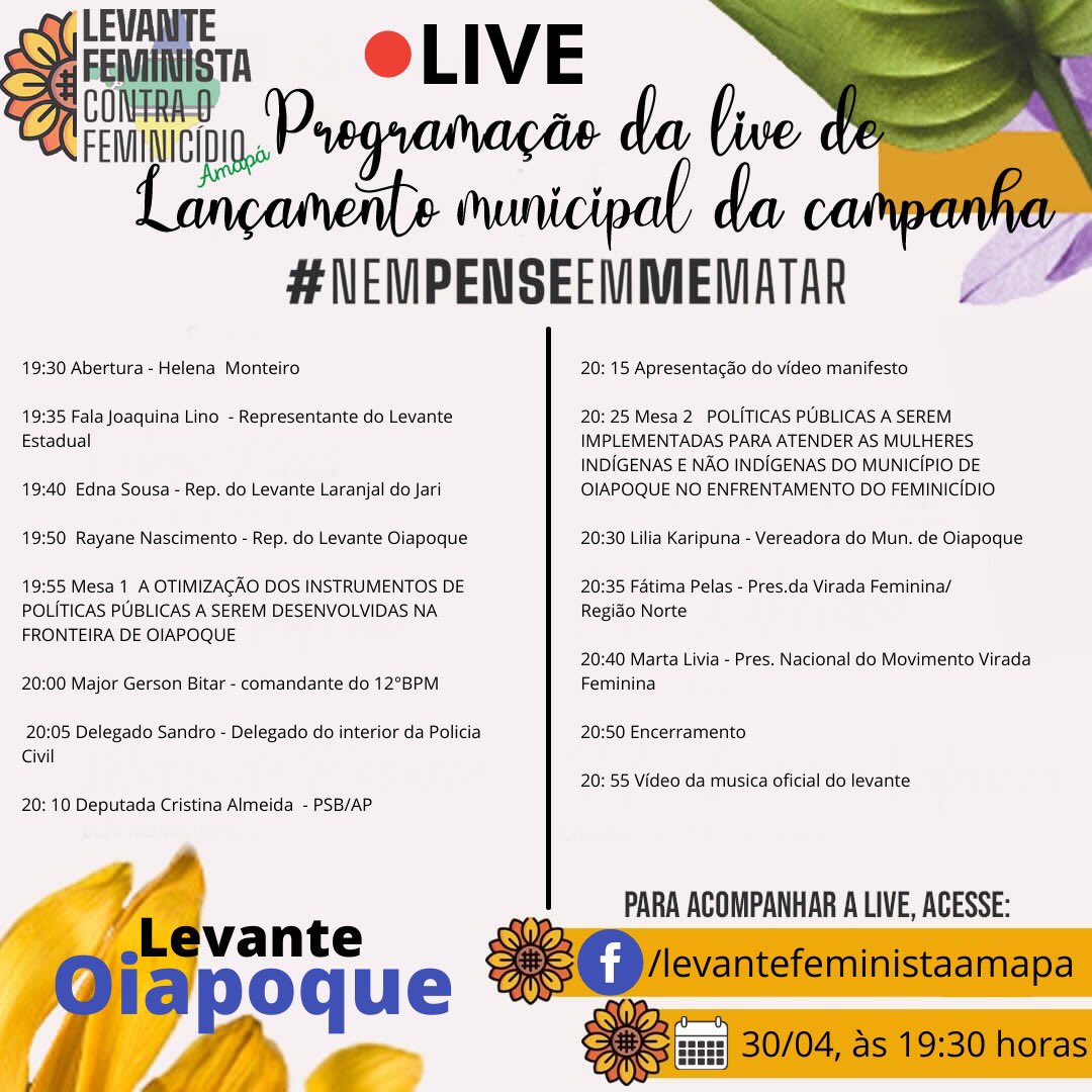 LevanteFemAP's tweet photo. Hoje às 19:30 tem Lançamento da Campanha “Nem pense em me matar” 

Live pelo Facebook Levante Feminista Amapá https://t.co/aOfJIHpPqI