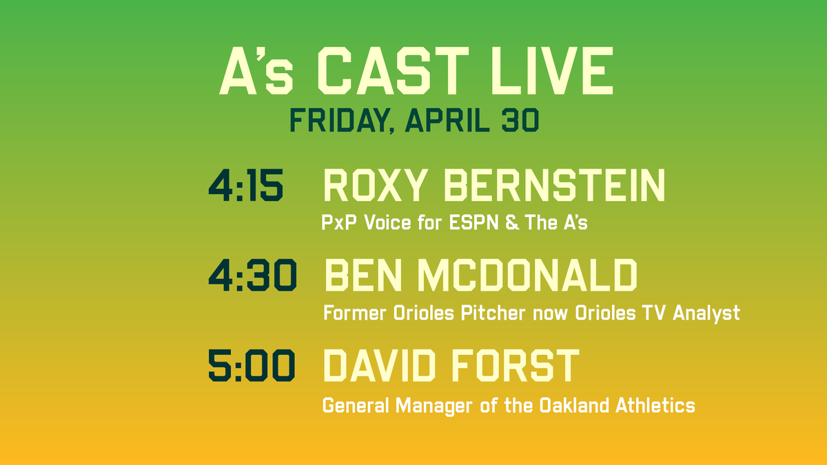 #AsCastLive will be streaming from 4-5:30pm w/ <a href="/townsendradio/">Chris Townsend</a> ahead of @athletics &amp; @orioles

GUESTS:
<a href="/roxybernstein/">Roxy Bernstein</a> 4:15
<a href="/realbenmcdonald/">Ben McDonald</a> 4:30
<a href="/Athletics/">Athletics</a> GM David Forst 5:00

athletics.com/AsCast 📻