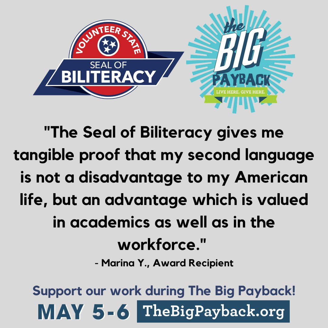 Volunteer State Seal of Biliteracy (@volstateseal) on Twitter photo Early giving is open at #TheBigPayback! Help us continue to celebrate TN's biliterate students & grow the award program across our state by donating through May 6th at ttinyurl.com/th4sjwmb.
<a href="/tnedu/">TN Dept of Education</a> <a href="/SBEd_TN/">TN State Board of Education</a> <a href="/tntesol/">TNTESOL</a> <a href="/TFLTA/">طفلة البريئة</a> <a href="/ut_tlc/">Tennessee Language Center</a> <a href="/EdTrustTN/">EdTrust-Tennessee</a> <a href="/TLACC/">TN Latin American Chamber of Commerce</a> <a href="/TNHigherEd/">Tennessee Higher Education Commission</a> <a href="/TNChamber/">Tennessee Chamber of Commerce & Industry</a> Early giving is open at #TheBigPayback! Help us continue to celebrate TN's biliterate students & grow the award program across our state by donating through May 6th at ttinyurl.com/th4sjwmb.
<a href="/tnedu/">TN Dept of Education</a> <a href="/SBEd_TN/">TN State Board of Education</a> <a href="/tntesol/">TNTESOL</a> <a href="/TFLTA/">طفلة البريئة</a> <a href="/ut_tlc/">Tennessee Language Center</a> <a href="/EdTrustTN/">EdTrust-Tennessee</a> <a href="/TLACC/">TN Latin American Chamber of Commerce</a> <a href="/TNHigherEd/">Tennessee Higher Education Commission</a> <a href="/TNChamber/">Tennessee Chamber of Commerce & Industry</a>