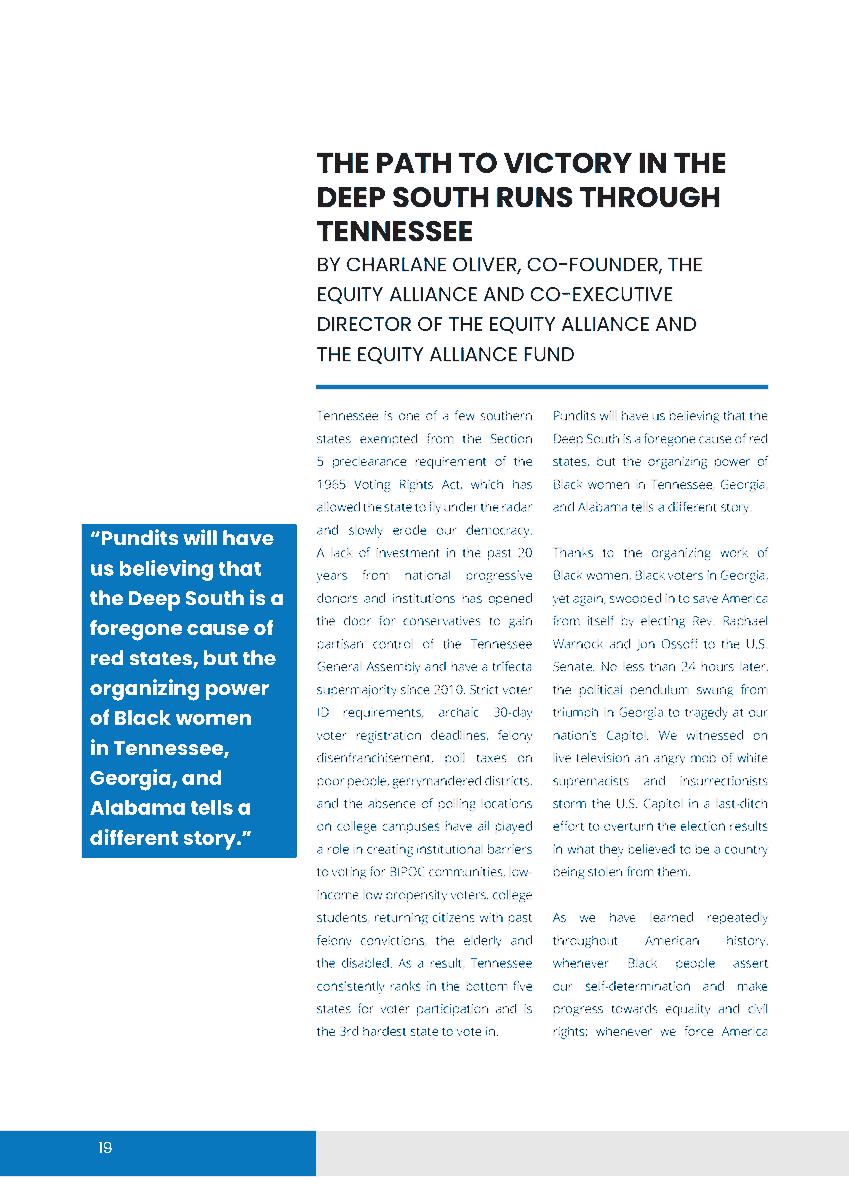 I recently contributed an article to the  @ncbcp_bwr Black Women's Roundtable Report. "The Path to Victory in the Deep South Runs Through Tennessee" I talk about Black women organizing, attacks on democracy and how TN can be just like Georgia. Check it:  http://bit.ly/bwrreport2021 