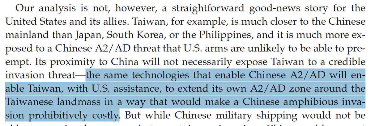 I'd note also that the article he references indicates an invasion of Taiwan by China could be made "prohibitively costly" by application of Taiwanese A2/AD, though Dr. Glaser chooses in his own article to characterize Taiwan as "more vulnerable to Chinese conventional forces".