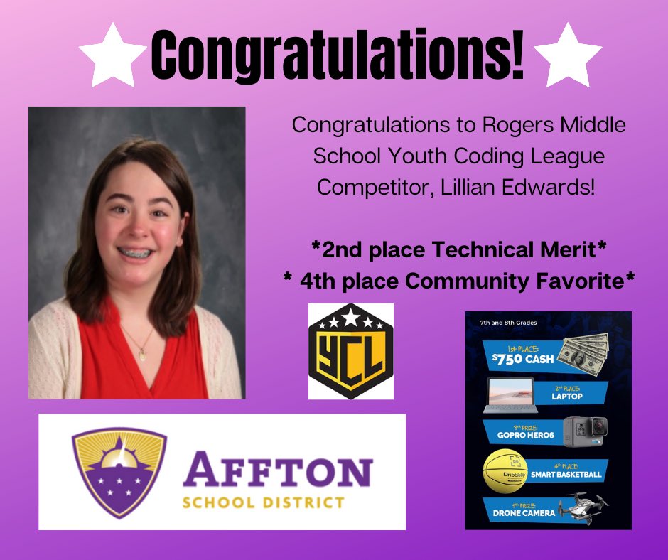 nixon1019's tweet image. Congratulations to Lillian from @RogersMiddleSch on her Youth Coding League wins!! We are so proud of you! #afftonstrong #youthcoding #TeamHawk #HAWKsquawk