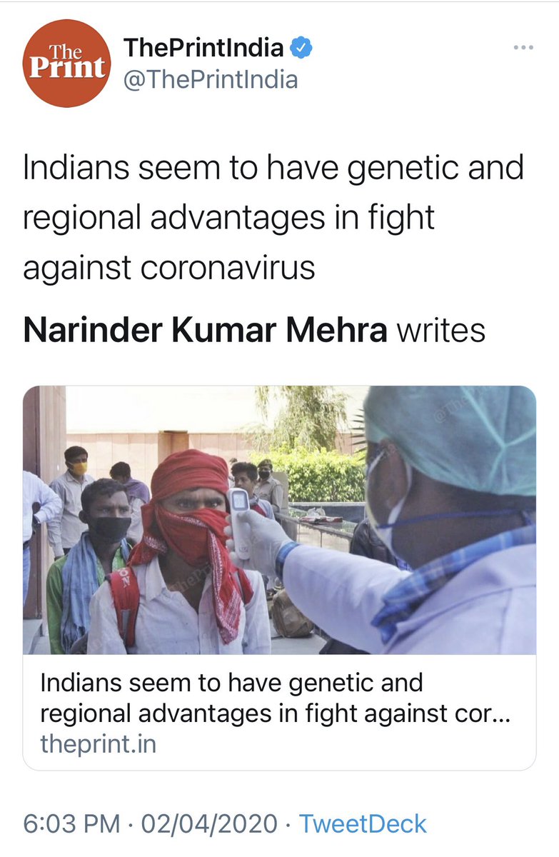 Another article suggested that Indians also had advantage of broad-based immunity due to overexposure to other pathogens, and epigenetic factors like environment & consumption of Indian spices in cuisine. These claims remain w/o any research or scientific evidence 10/n