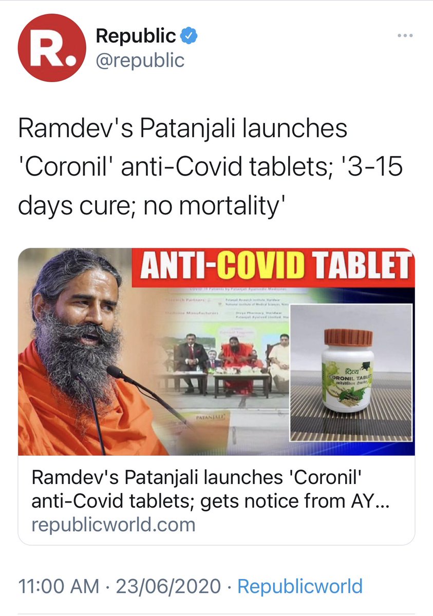 In June, 2020, Patanjali Ayurved launched an ayurvedic treatment kit called ‘Coronil’ as a ‘cure’ for COVID-19. Indian media outlets ran shows on the kit, referring to it as a ‘breakthrough’ in coronavirus treatment. ‘Pandemic batters world, India announces cure’! 11/n