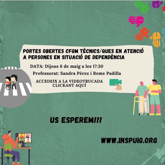 CiclesSSC_PiC's tweet photo. Portes obertes telemàtiques dels cicles de Serveis Socioculturals i a la Comunitat de l’institut @ins_pcadafalch . Us podeu conectar mitjançant l’enllaç que trobareu al web del centre https://t.co/dnzFKBXRxo 
#ciclesformatius #mataró https://t.co/fc4jGEd506
