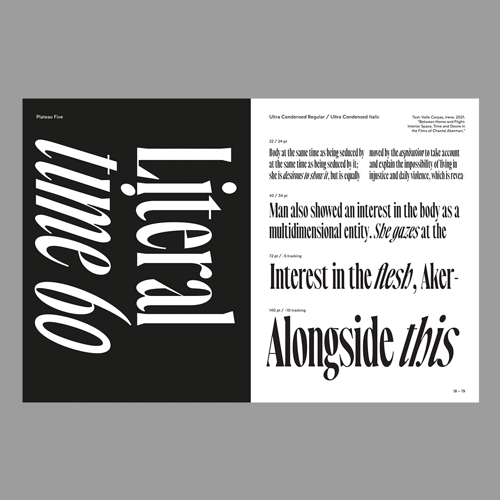 rtovtype's tweet image. Plateau Five unfolds its slightly mechanical pattern, resulting from the decreased variation in character widths, the most in short passages or long titles. Get the trial fonts on r-vtype.com #graphicdesign #typeface #displaytype