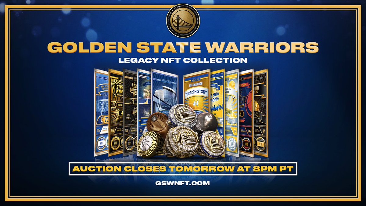 warriors's tweet photo. 🚨 24 HOUR NOTICE 🚨

The auction for the Warriors Legacy NFT Collection closes Saturday at 8 pm PT.

These digital collectibles pair with items &amp; experiences, such as official NBA rings, courtside tickets, and more. Bid now » https://t.co/WYfcddjYCr https://t.co/LiombG5K93
