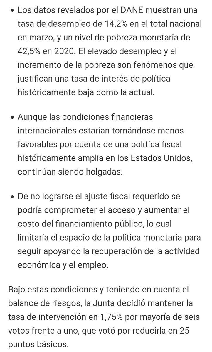 josejournaliste's tweet photo. En reunión de abril #JDBR @BancoRepublica decidió mantener inalterada la tasa básica de intervención en 1,75%, tras ser aprobada por seis votos. Principales factores: incremento en el desempleo y aumento del nivel de pobreza monetaria. Junta plantea: "ajuste fiscal"es necesario. https://t.co/EbBFBp5YrU