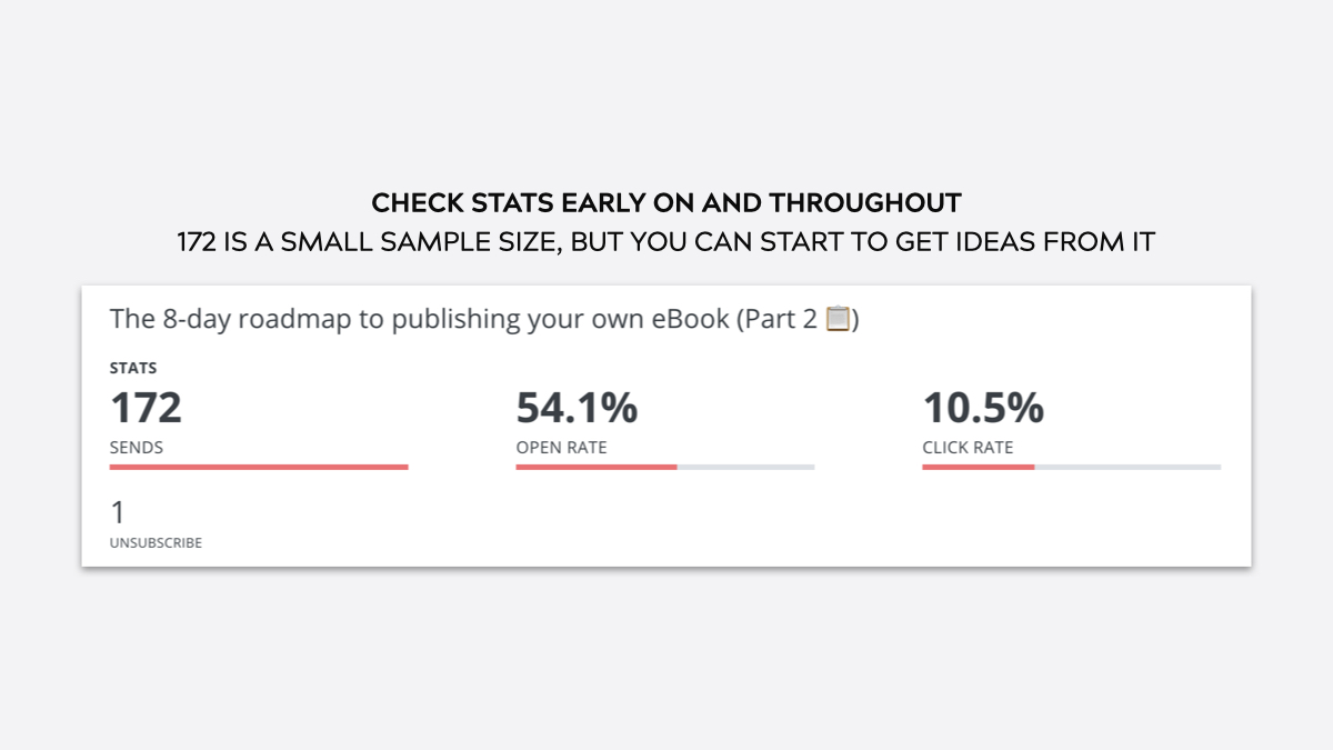 Email #7 goes in depth again, giving people the remaining half of the steps to launch an eBook from scratch. Here's a screenshot  we take early on in the data gathering process (when sample size is still low) to get an idea of how emails are performing.