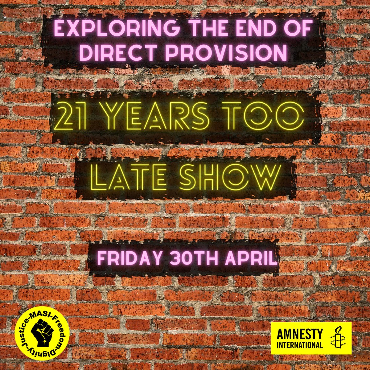 The #21YearsTooLateShow is just about to kick off soon! Don’t miss this fantastic free event exploring the end of #DirectProvision with <a href="/masi_asylum/">MASI - Movement of Asylum Seekers in Ireland</a> &amp; some incredible guests.

Watch live on YouTube 👉bit.ly/AmnestyIreland…