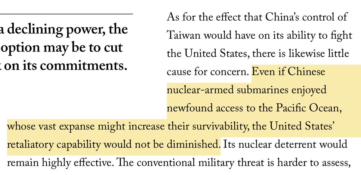 In his assessment of the gains to China's submarines by possession of Taiwan, he points mostly to the advantages that China would gain for its nuclear-armed submarines (SSBNs).