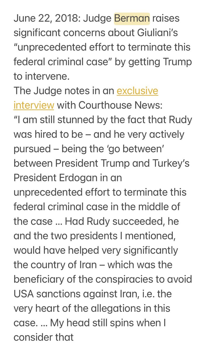 Paraphrasing Berman: If Giuliani & Mukasey’s efforts succeeded in dropping the US case against Zarrab they would be helping Iran evade US sanctions. See full quote below:  https://www.justsecurity.org/71694/trump-barr-and-the-halkbank-case-timeline/