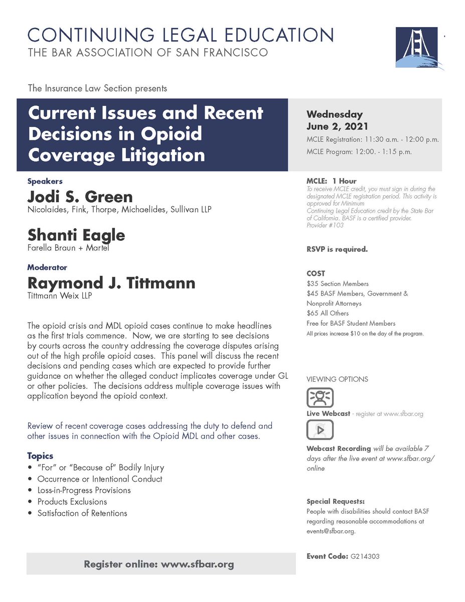 TittmannWeix's tweet photo. TittmannWeix partner Raymond Tittmann is moderating this discussion on June 2, 2021, hosted by The Bar Association of San Francisco. We are proud to be a part of presenting this timely and important topic.

#basf #insurance #opioidcoverage #tittmannweix #farella #nicolaides https://t.co/QAEGRChTkt