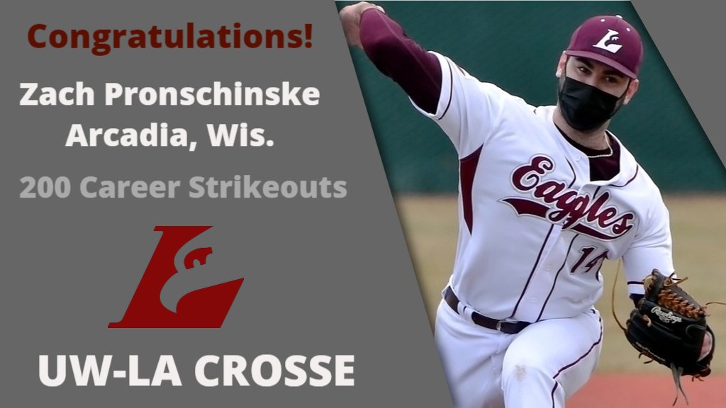 UWLAthletics's tweet photo. Congratulations to Zach Pronschinske on getting his 200th career strikeout. He becomes the 3rd pitcher in UWL history to hit this milestone. Pronschinske joins Mason McMahon (237 strikeouts) and Caleb Boushley (227 strikeouts). https://t.co/XjNTp5PZmp