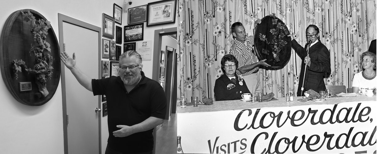 Paradeguy's tweet image. Scott Wheatley honours the memory of a visit with our past sister city Cloverdale, California @CloverdaleCOC @sswrchamber @SBofT @CloverdaleCA @CityofSurrey  We moved during the pandemic and are almost finished hanging all of our memorabilia.