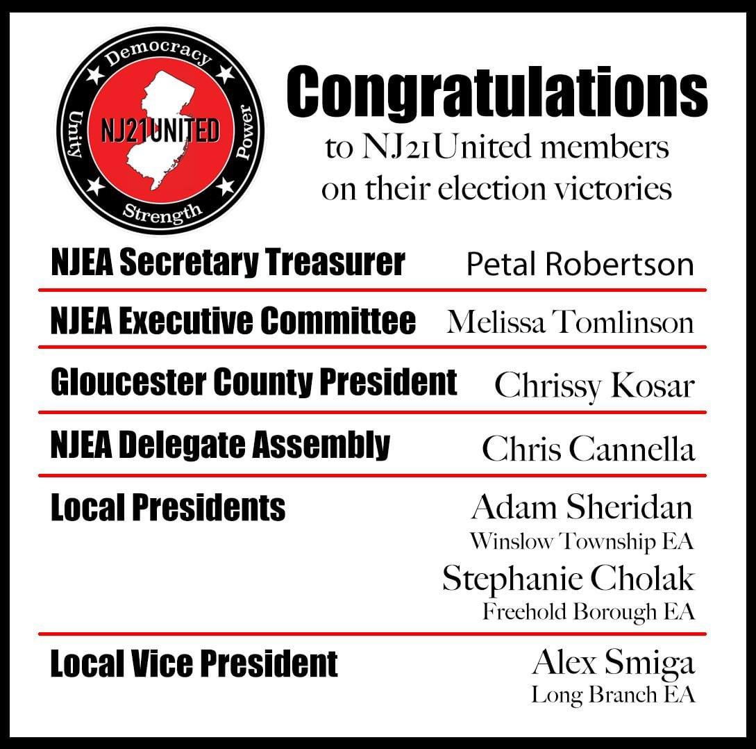 NJ21United (@nj21united) on Twitter photo Our caucus is making moves! Congrats to <a href="/jmtrht0625/">Melissa Tomlinson she/her</a>, <a href="/ChrissyKosar/">Chrissy Kosar, GCEA President</a>, @adammsheridan, <a href="/sqc1106/">Stephanie</a>, and all the other caucus members who won their elections. #RedForEd Our caucus is making moves! Congrats to <a href="/jmtrht0625/">Melissa Tomlinson she/her</a>, <a href="/ChrissyKosar/">Chrissy Kosar, GCEA President</a>, @adammsheridan, <a href="/sqc1106/">Stephanie</a>, and all the other caucus members who won their elections. #RedForEd