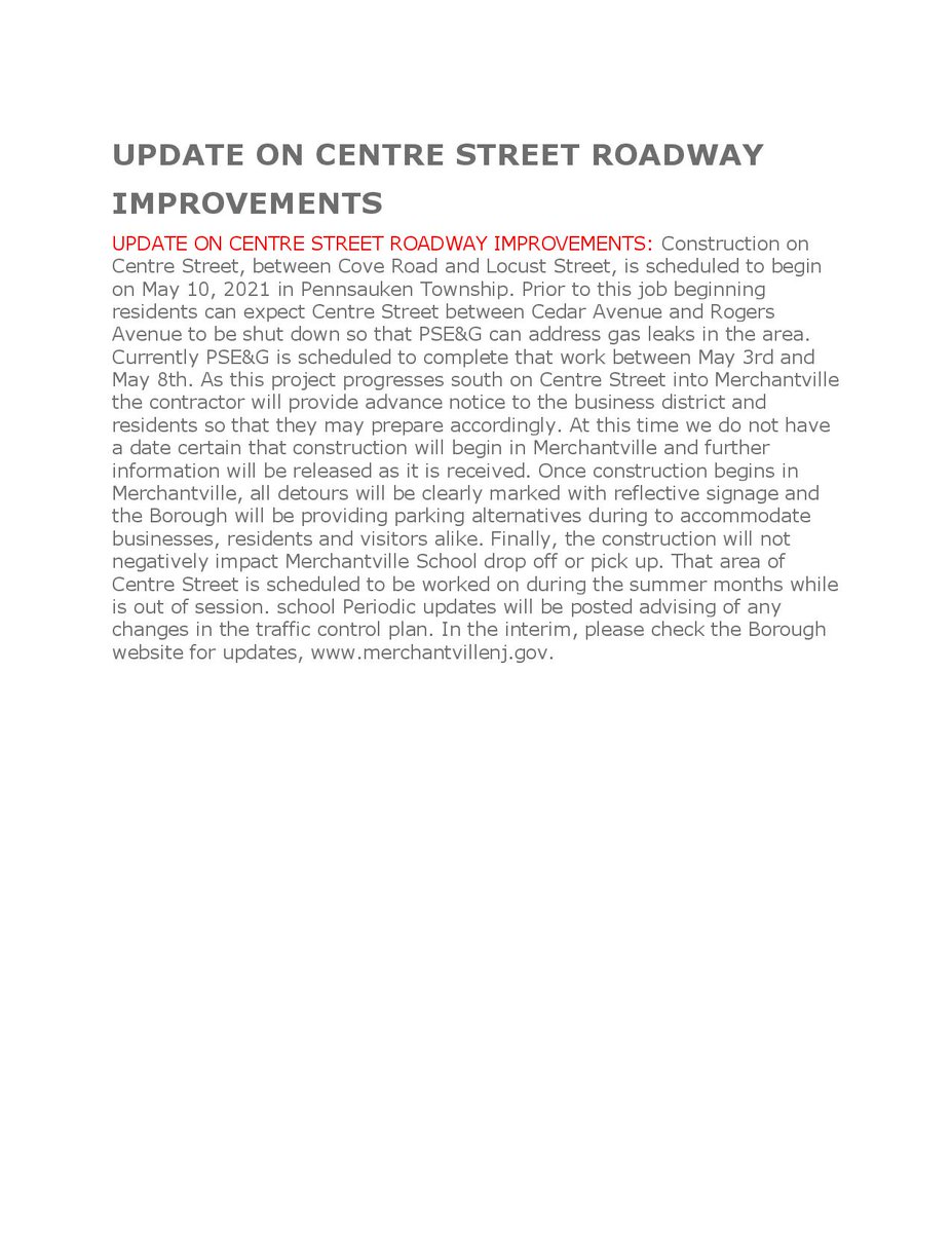 Centre Street Roadway Improvements Beginning on or About May 10th