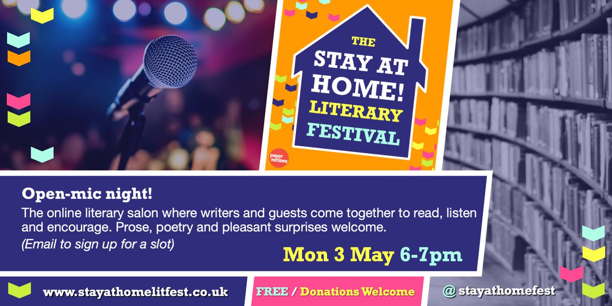stayathomefest's tweet image. Keen to share your writing? Join the phenomenal @JanetFloyer on Mon 3rd at 6pm for a welcoming open mic!
If you&apos;ve written something as a result of the festival, we&apos;d LOVE to hear it at a special showcase, 2pm Sun 9th. 
Sign up details on: stayathomelitfest.org/the-programme/
