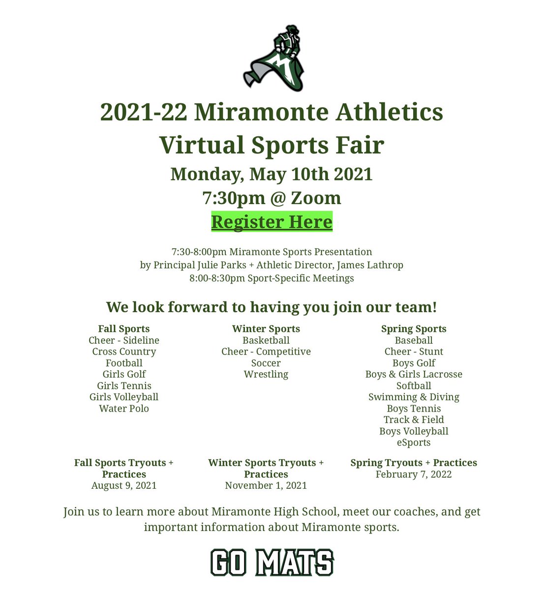 The 2021-2022 Miramonte Athletics virtual sports fair is on May 10, register here:

auhsdschools.zoom.us/meeting/regist…

Go Mats!