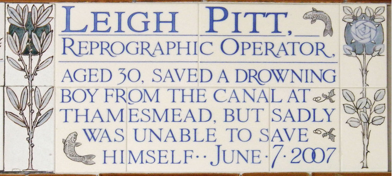 (9/12) His colleagues and fiancée, Hema Shah, approached the Diocese of London to suggest Pitt be added to the wall. Despite opposition from the Watts Gallery to proposals that the memorial be completed, a new plaque commemorating Pitt’s heroic actions was added on 11 June 2009.