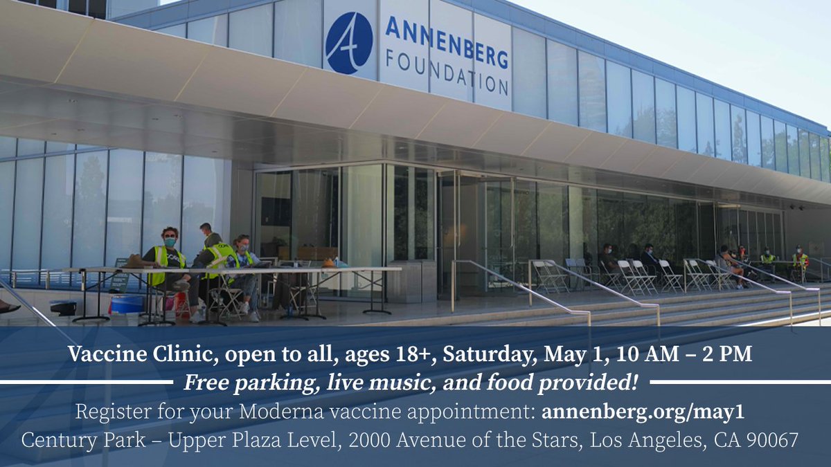 📣 There's still time to make an appointment for tomorrow's #Vaccine Clinic at the former home of the Photo Space: annenberg.org/may1. Sign up today (must be 18+) and join @Annenberg_FDN , @LAWorksNow, and Mickey Fine Pharmacy for live music and food in Century City!