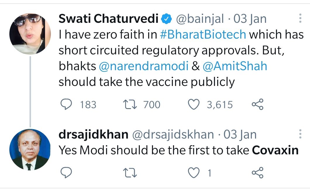 [11/n] Swati Chaturvedi (Alleged Journalist) “I have zero faith in Bharat Biotech”“I will not be getting the covaxin vaccine” #VaccineNaysayers