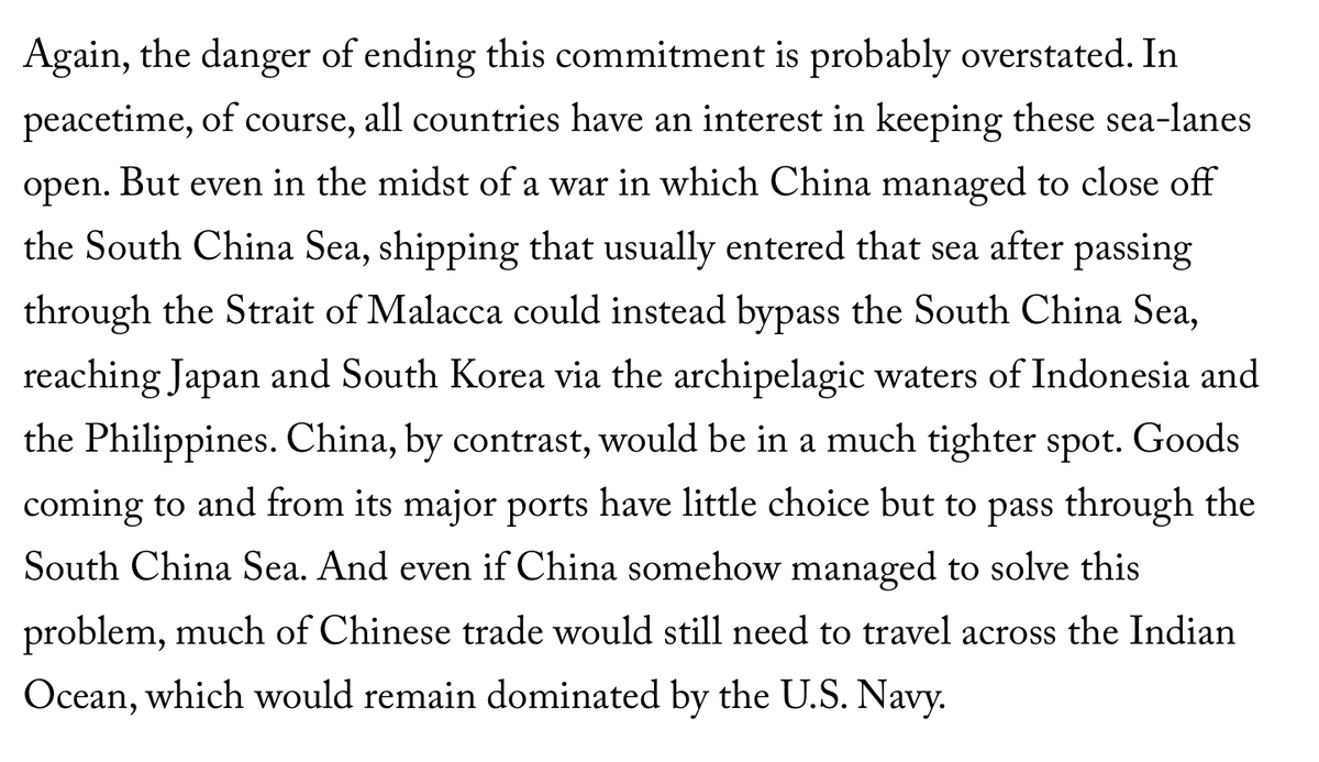 In his discussion of the SCS, I agree that in a conflict allied shipping could bypass it—reaching Japan and S Korea via other routes. He also recognizes, as the Chinese surely do, that their trade routes must of necessity pass through the SCS & also cross the Indian Ocean.