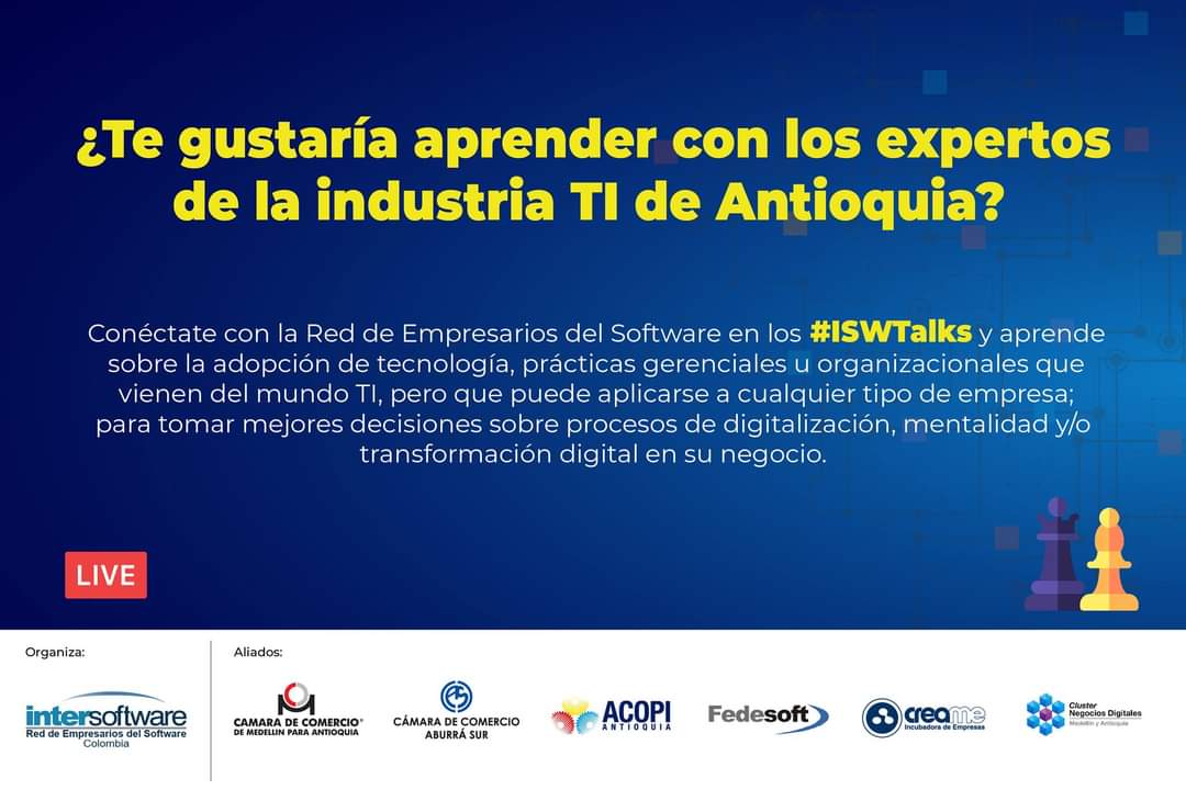 CocrearP's tweet image. 🔵#Invitación
 
@InterSoftwareCo ha creado: #ISWTalks, un espacio donde podrás aprender sobre procesos de transformación y mentalidad digital en los negocios, con expertos de la Industria TI de Antioquia.

¡Conéctate con la tecnología en los #ISWTalks! 

➡️bit.ly/3vrzyme