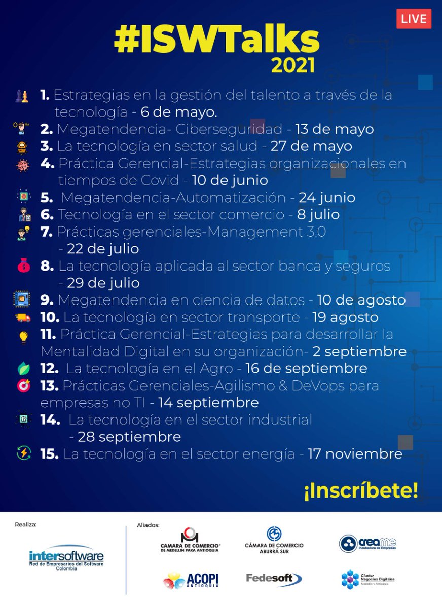 CocrearP's tweet image. 🔵#Invitación
 
@InterSoftwareCo ha creado: #ISWTalks, un espacio donde podrás aprender sobre procesos de transformación y mentalidad digital en los negocios, con expertos de la Industria TI de Antioquia.

¡Conéctate con la tecnología en los #ISWTalks! 

➡️bit.ly/3vrzyme