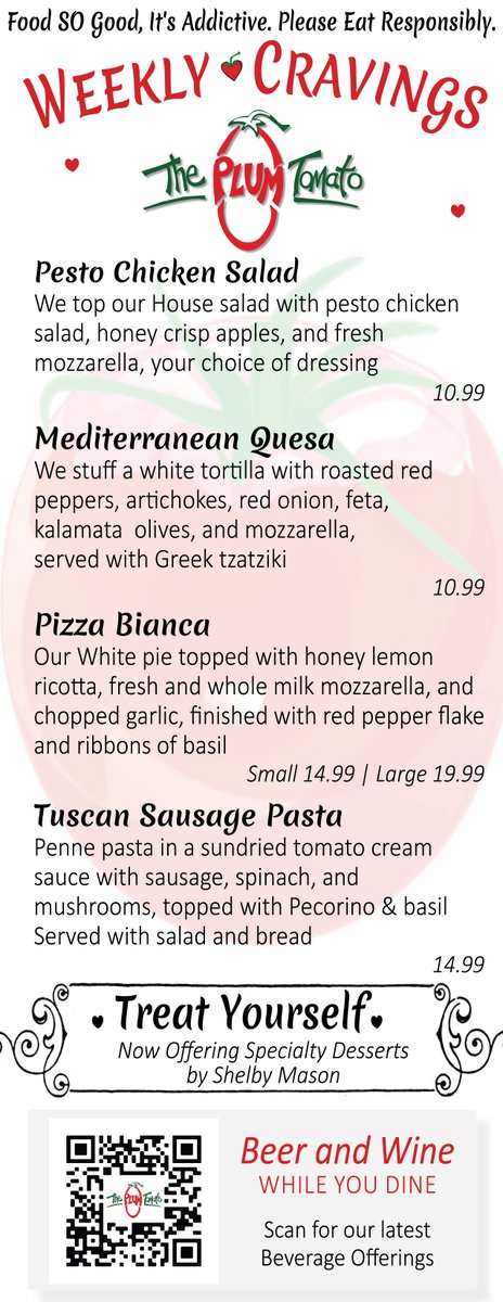 New #weeklycravings alert! Another delicious menu starting at 5 this evening at Colchester TPT
.
.
.
#theplumtomato #foodislove #getinmybelly #iheartpizza #colchesterct