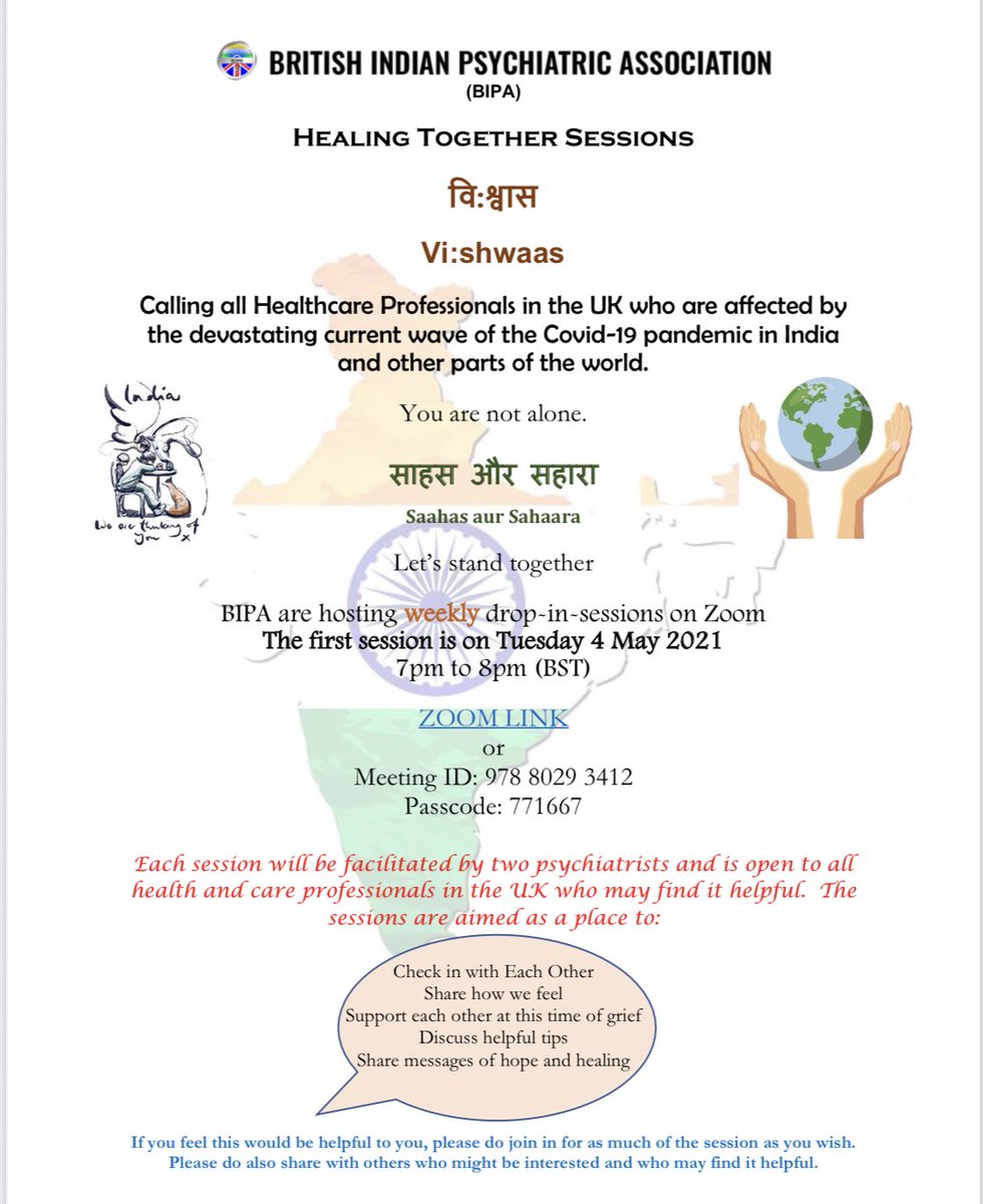 Healing Together sessions being hosted by <a href="/bipa_uk/">BIPA UK</a> to support our UK colleagues affected by the Covid India crisis, at a time of grief, trauma and loss. 1st session: Tuesday 4th May @ 7 PM <a href="/rcpsych/">Royal College of Psychiatrists</a> <a href="/BAPIOUK/">BAPIO</a> <a href="/adave_NHS/">Dr Ananta Dave exploring life’s palette of shades</a> <a href="/subodhdave1/">Subodh Dave ☘️🌻🌞 Humanising Medicine</a> <a href="/rcgp/">Royal College of General Practitioners</a> <a href="/RCPLondon/">RCP</a> <a href="/BINA_UK/">BINA (British Indian Nurses Association)</a> @TSIG_RCPsych <a href="/theRCN/">The RCN</a>